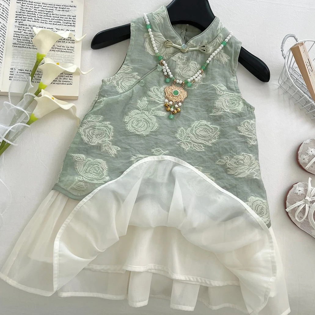 

Girls Skirt 2025 Summer New Children's Clothing Girls Baby New Chinese Thin Sleeveless Splicing Dress Casual Simple Daily