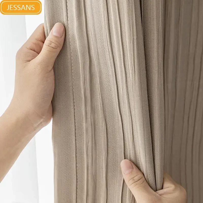 Popular crepe Curtains for Living dining room bedroom milk tea color Japanese wabi-sabi log wind popular bedroom floating