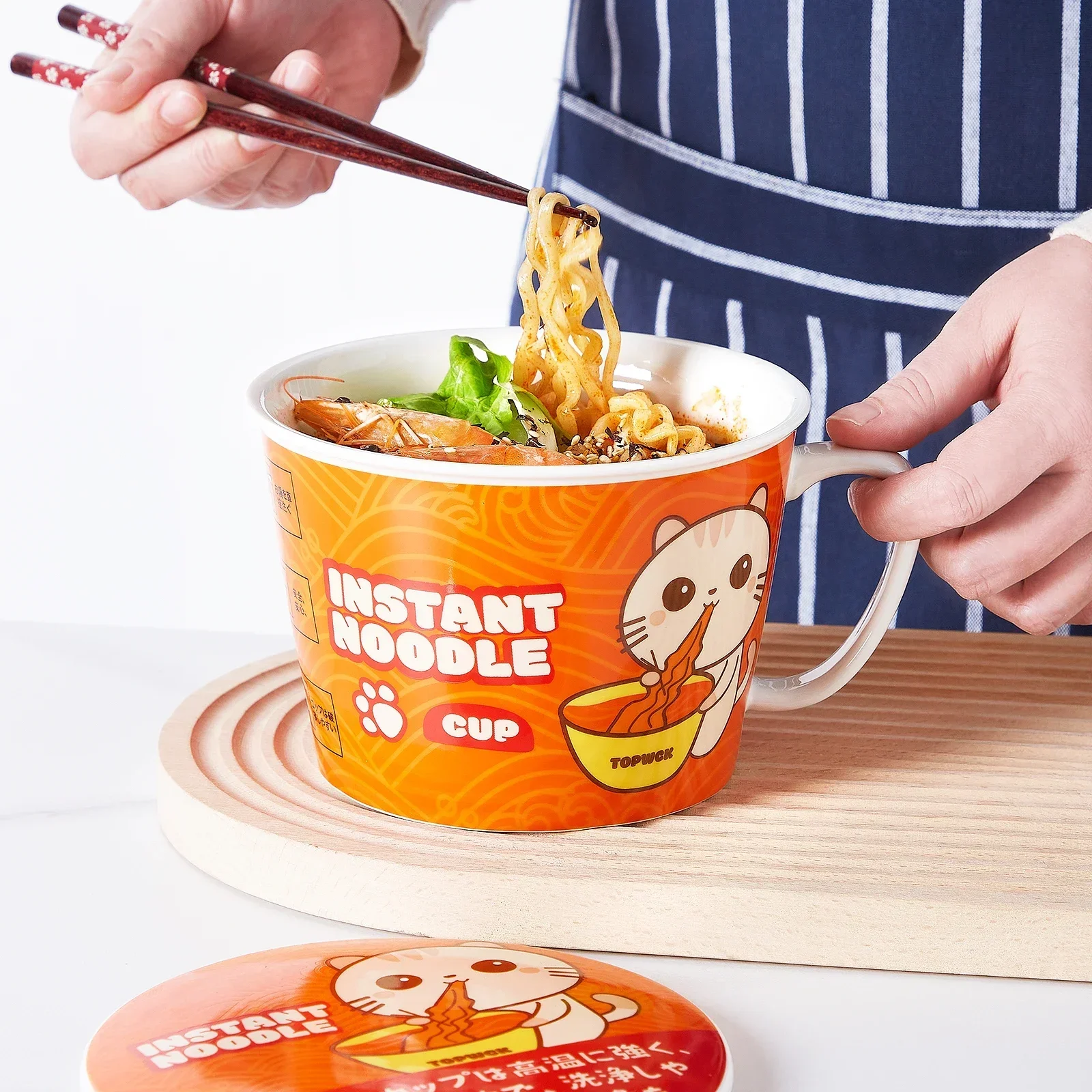 ins style Cartoon cat noodle Cup bowl creative with cover box Student lunch box instant noodle soup dinner lunch Ceramic bowl