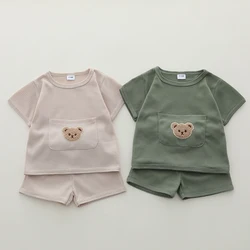 2PCS Infant and toddler summer waffle plaid round neck short sleeved shorts set with cartoon bear head pattern two-piece set