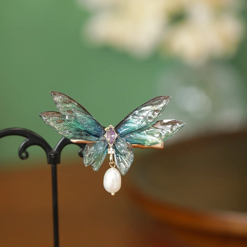 Klips do skrzydeł z kamieniem szlachetnym grzebień do włosów motyl Elf przebranie na karnawał renesansowe akcesoria artystyczne eleganckie 6.5*4cm