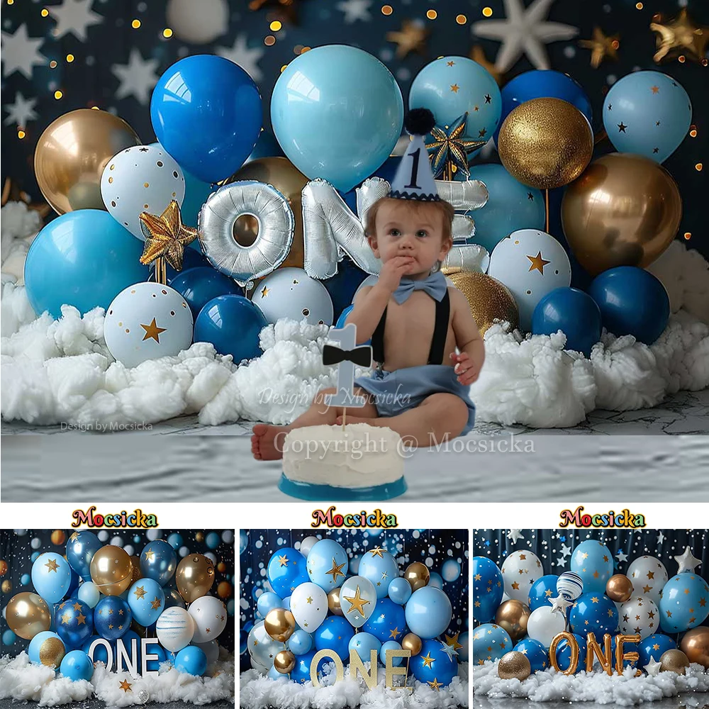 

Mocsicka Boy 1st Birthday Party Background Blue Balloons Shiny Stars Decor Backdrop Photobooth Newborn Cake Smash Photo Studio