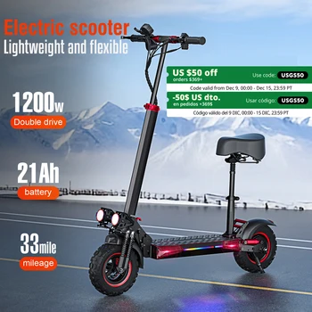 Foldable 1200W Electric Scooter with Seat for Adults, 11'' Off-road Tires, 48V 21Ah Battery, 33Miles Range Commuter E-scooter