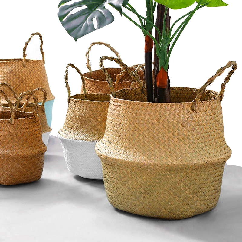 Seaweed Wicker Storage Baskets Straw Wicker Rattan Hanging Flowerpot Seagrass Folding Laundry Basket Plant Basket Home Decor