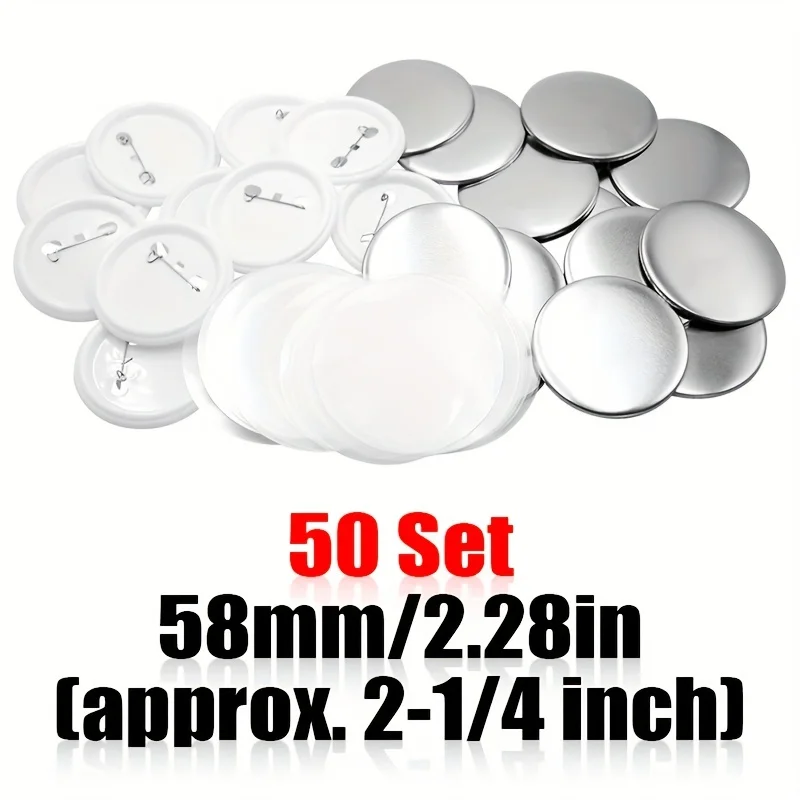 50 Sets 58MM Round Button Parts Supplies For Button Maker Machine Pin Maker, Every Set Includes Tinplate Top, Plastic Clip Botto