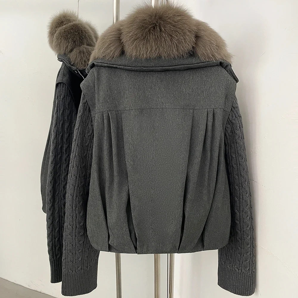 OFTBUY Damen-Pufferjacke mit abnehmbaren Strickärmeln, leichte Daunenjacke mit echtem Fuchspelzkragen, neue Winterkleidung für Damen – Detail 11