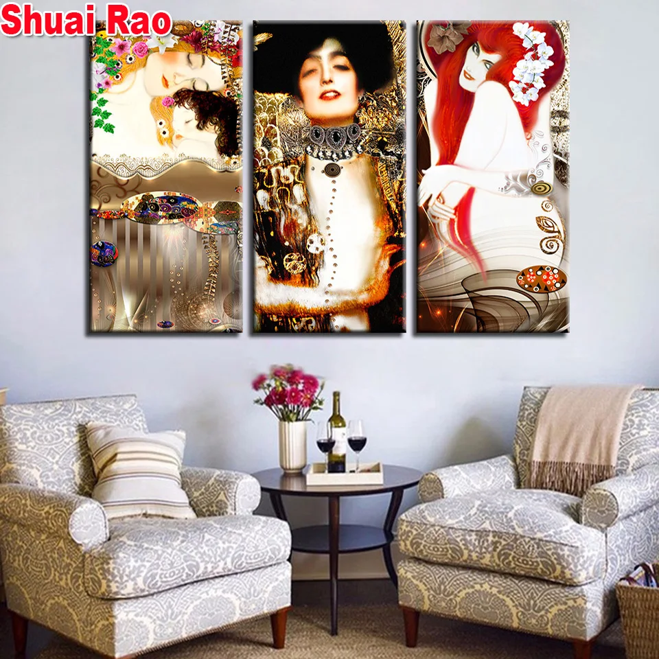 

Full square round diamond painting Gustav Klimt Mother Love 3 Piece 5d diy diamond embroidery Vintage painting cross stitch set