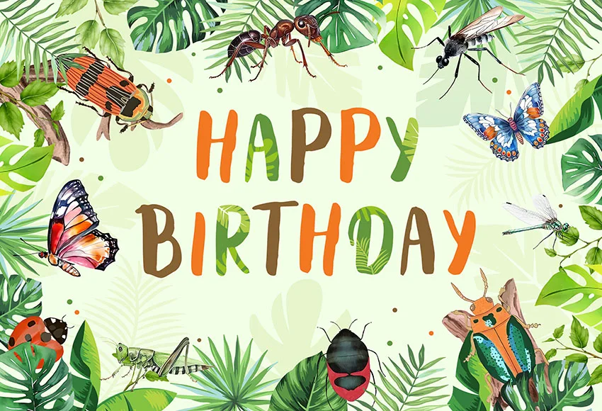 Pano de fundo de aniversário com tema de insetos, cenário de aniversário infantil, folhas verdes tropicais, decoração de festa, adereços para fotos
