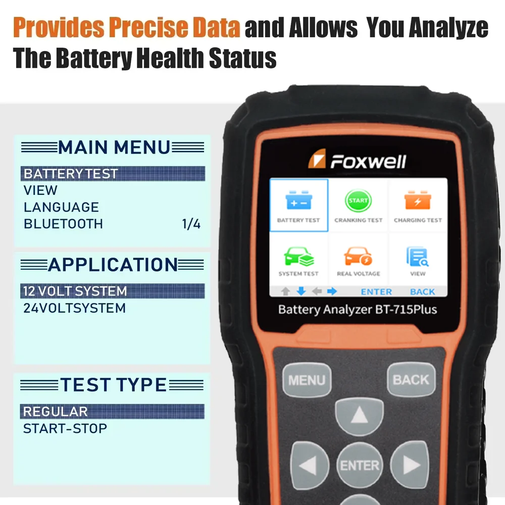 A + Foxwell BT715 Plus جهاز اختبار بطارية السيارة يدعم 12/24 فولت الفيضانات AGM EFB جل بطارية عمر البطارية محلل تحديث BT100