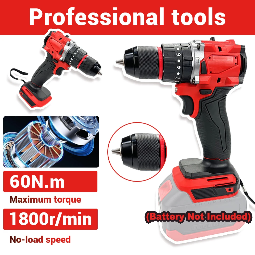 

Electric Drill 60N.m Brushless Cordless Impact Drill 20+3 Torque Hammer Multifunctional Power Tools For Makita18V/21V Battery