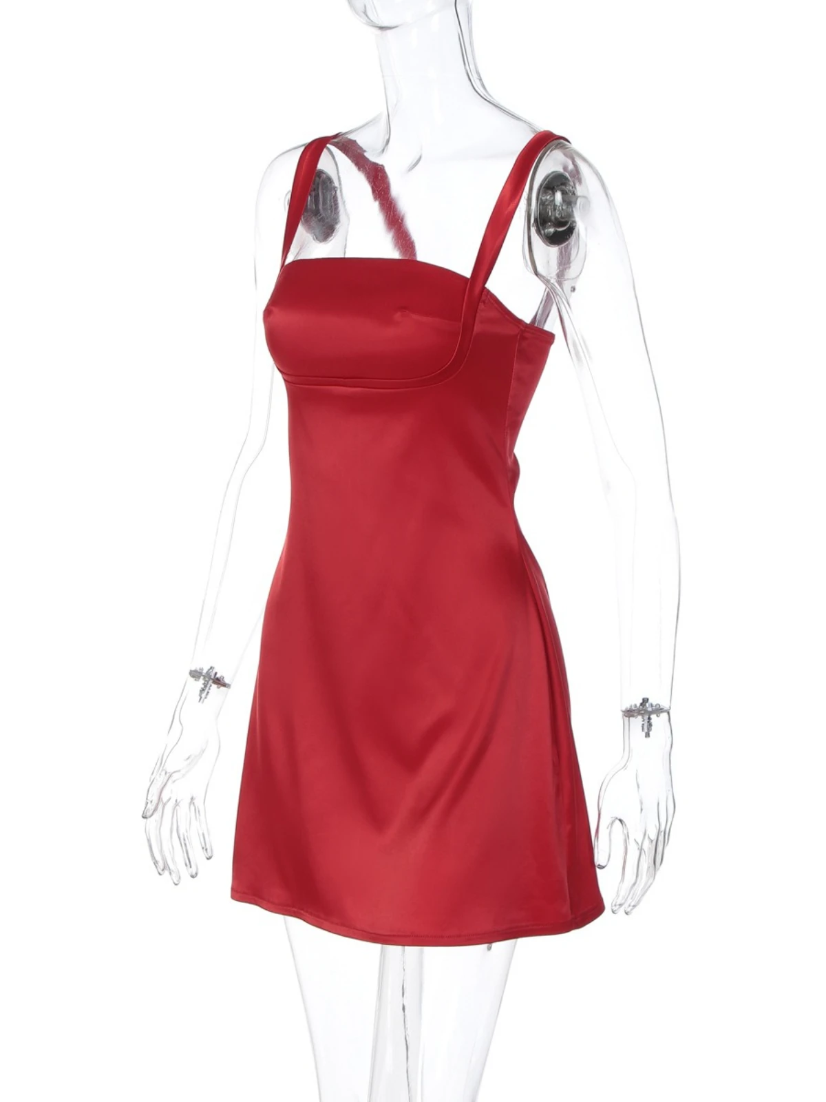 Stsss cor sólida uma linha mini vestido de cetim verão feminino sexy cinta espaguete pescoço quadrado sem mangas magro curto noite vestido de festa