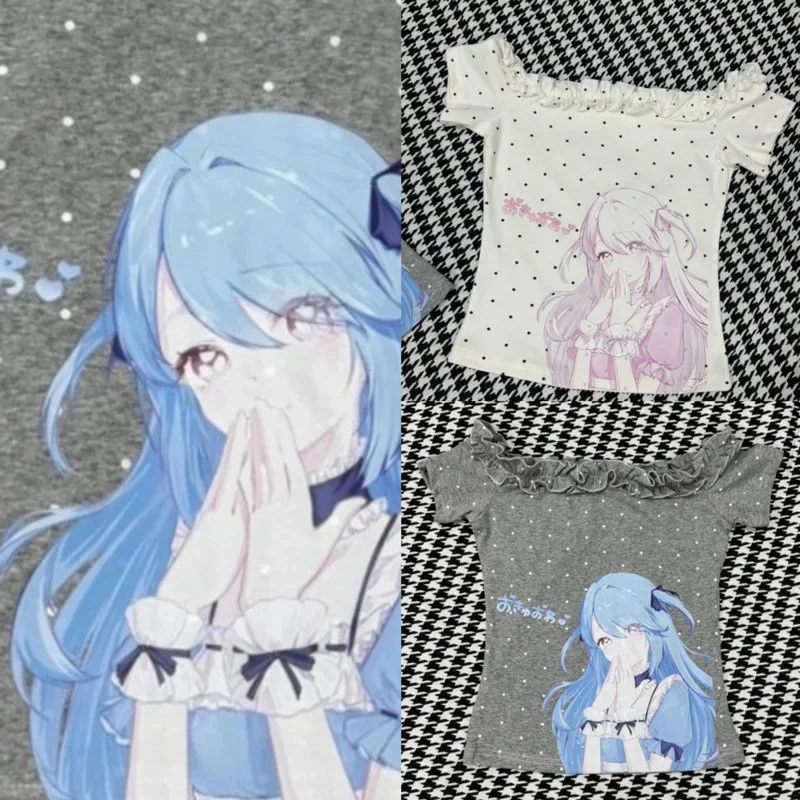 

Anime Wave Dot Y2K Top&Tees Japanese Original Game Subculture Early Jacquard One Shoulder Summer Girls' Versatile Top Tee New