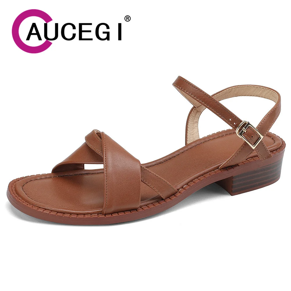 Aucegi Classic Style 2026 Summer Sandals Genuine Leather Round Peep Toe Women Chunky Heel Dress Buckle Strap Handmade Shoes