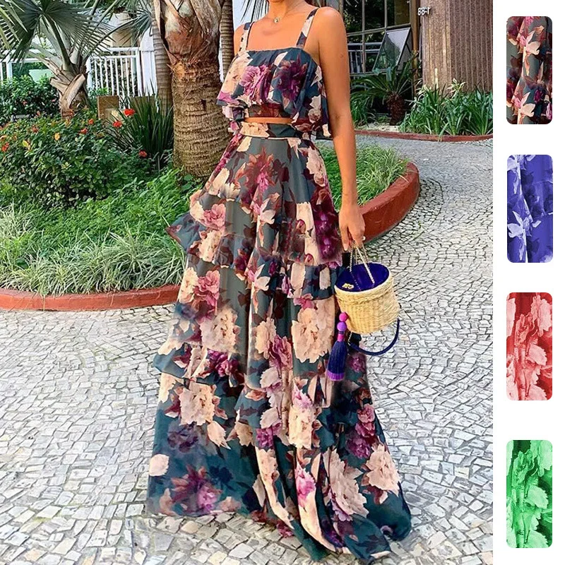 Women's Two Piece Outfits Floral Print Ruffle Crop Cami Tops + High Waist Tiered Maxi Skirt Ladies Summer Beach Clothes Sets