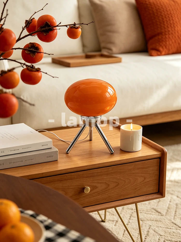 Murano Glass Orange Oval Egg Tripod Table Lamp French Cream 3 Leg Stand 3 Tone Soft Light Fabric Curtain Nightstand Decor Lamp