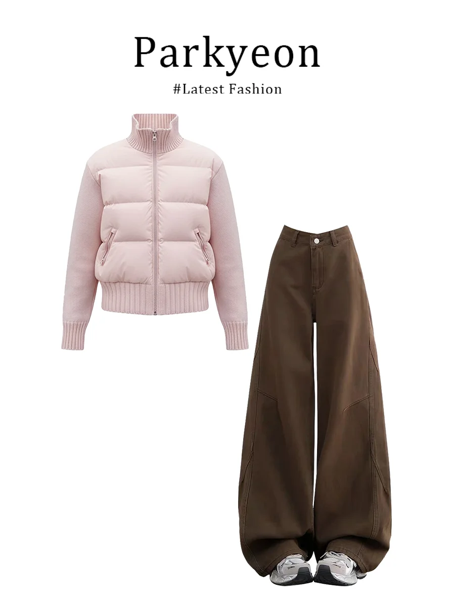 

Зимний модный комплект для женщин: вязаная хлопковая куртка с вставками и широкие брюки, теплые, средней толщины, с длинными рукавами, на молнии