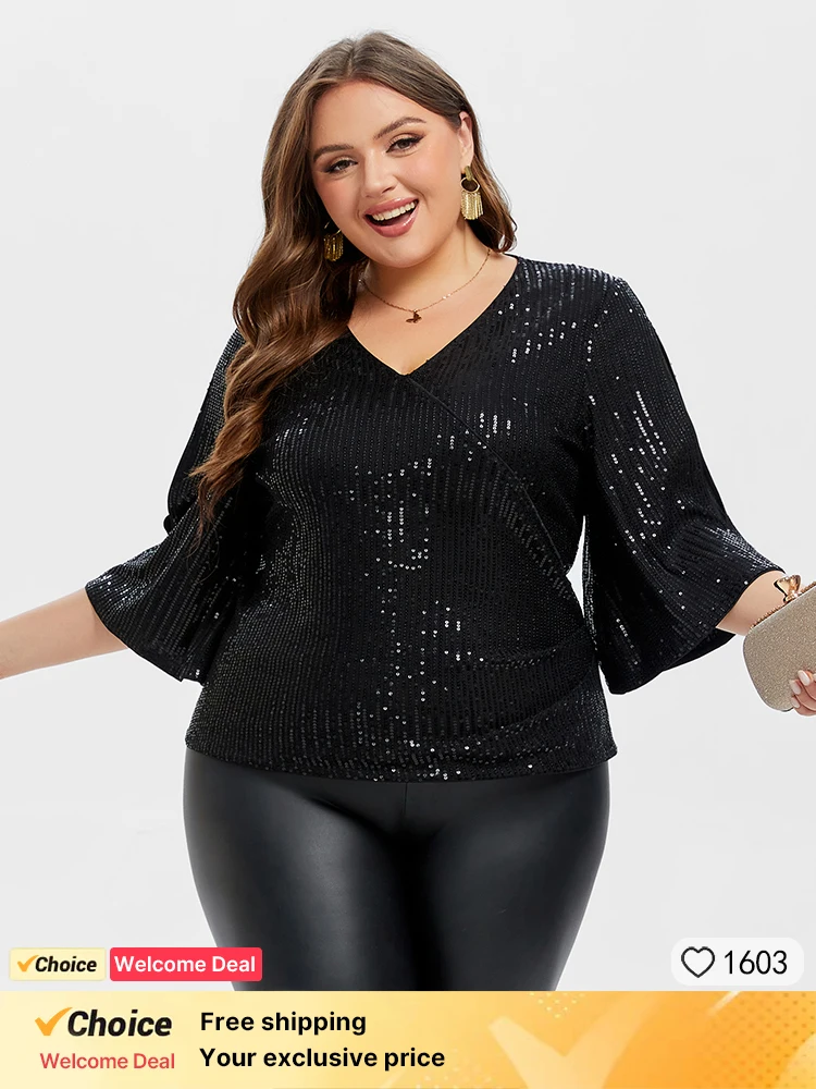 

Plus Sized Clothing Women Glitter Shirt Sequin Hollow Out V Neck Blouse Solid Lady Commute Prom Top Three Quarter Sleeve