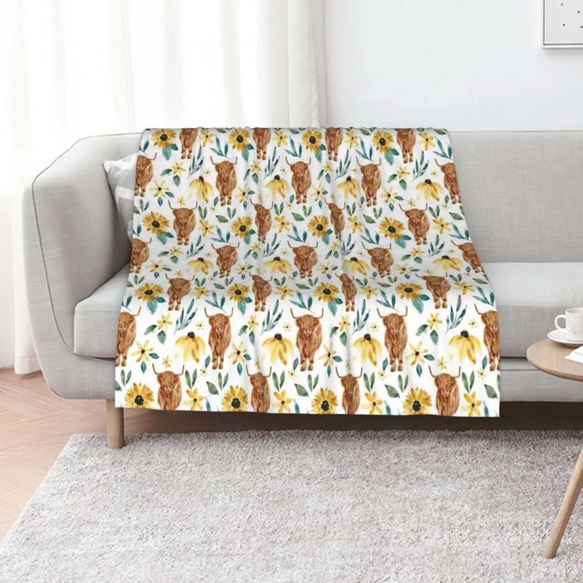 Highland Cow With Sunflowers Throw Blanket Cozy Microfiber Throw Blanket for Home Bedroom