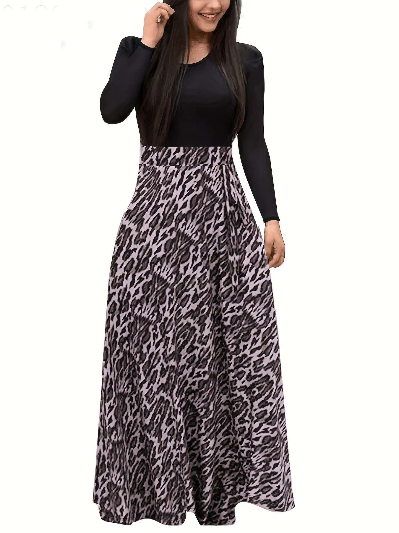 

Plus Size Women's Dress Leopard Print Round Neck Long Sleeve Elegant Dress