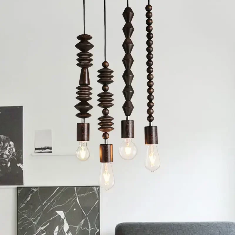 Pendant Lamp Dinning Room Droplight Hanging Light Fixture Retro Style Oak Wooden Geometric Beads Home Decor Interior Fixture