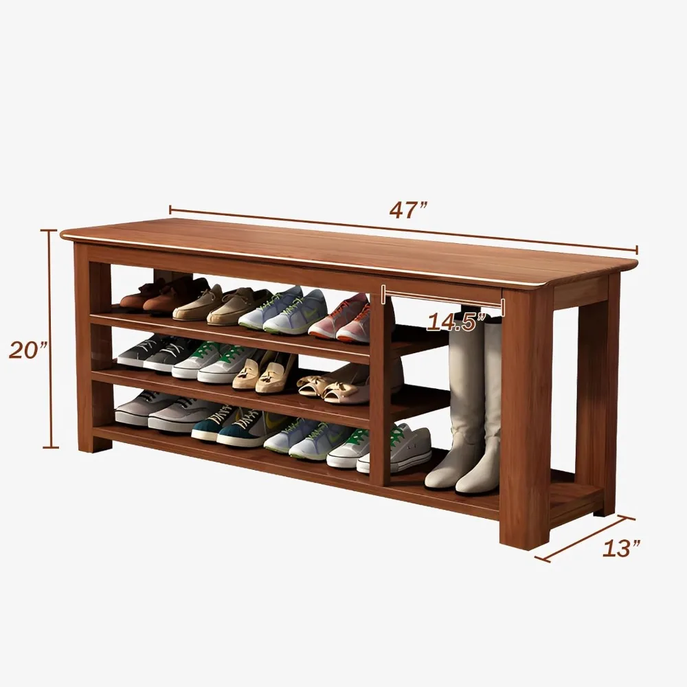 Organizer Shoe Rack Entry Bench With 3-Tier Adaptable Shelf Shoerack Brown Shoe Cabinet Storage 47''W Modern Living Room Home