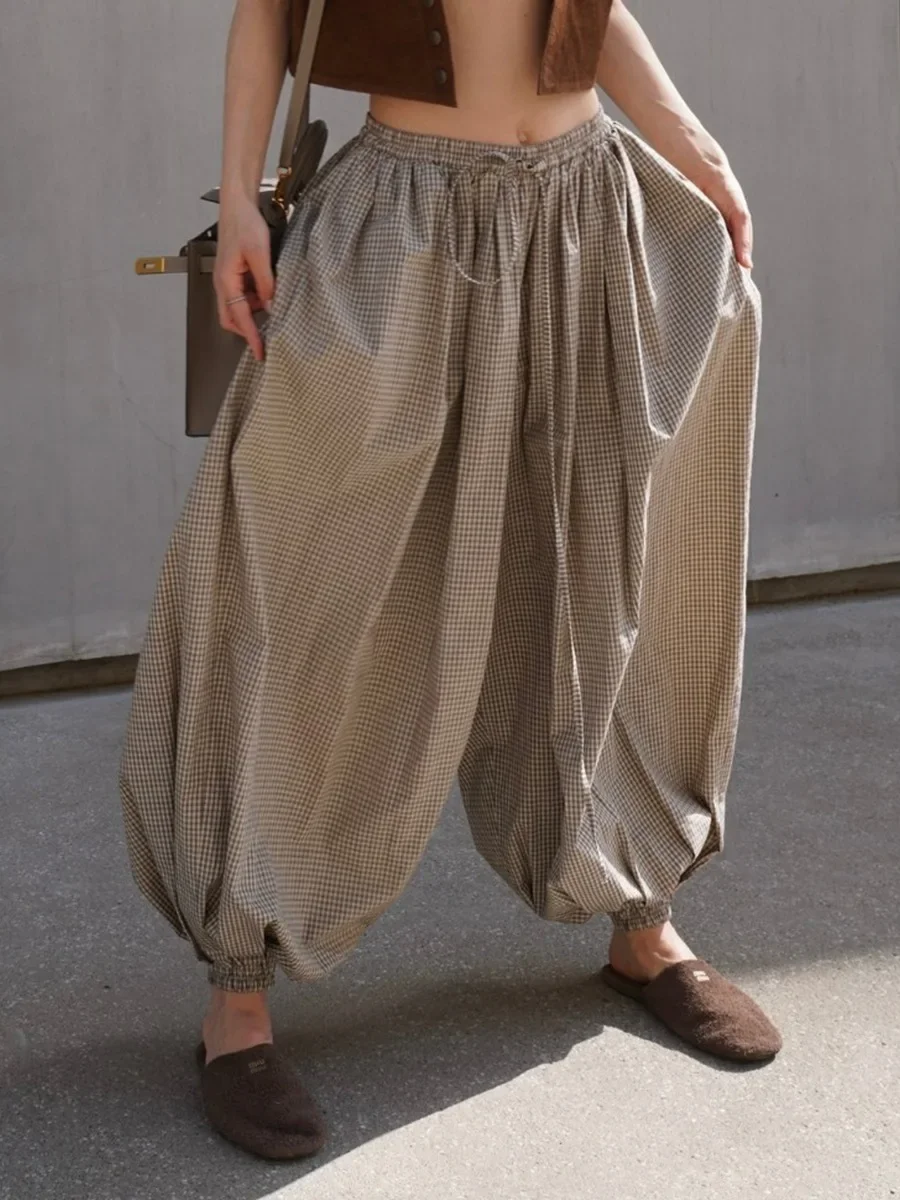 Neue Retro-Braun-Laternenhose für Damen, hohe Taille, trendige, lockere Passform, kariert, Frühling-Sommer-Mode, vielseitige Hose – Detail 16