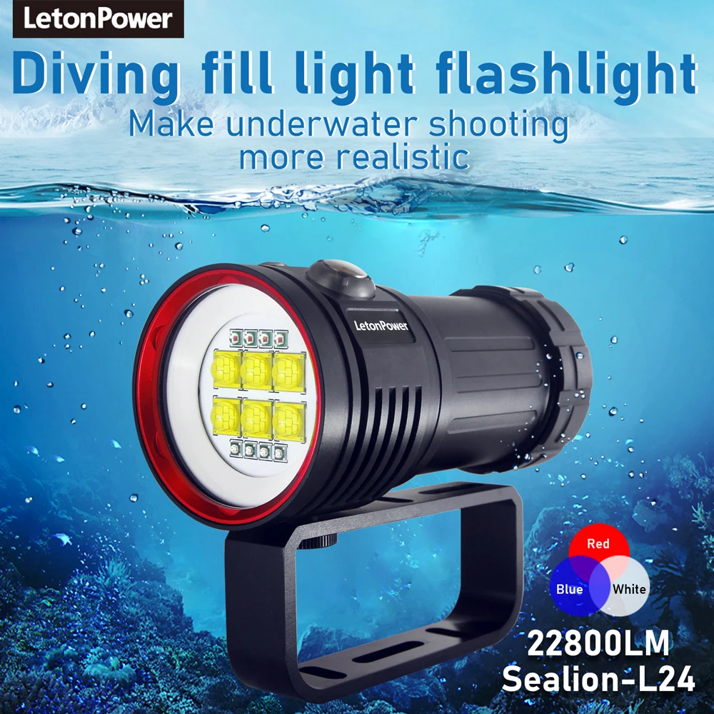 LetonPower Diving Flashlight 22800Lumens rechargeabl Underwater Lighting 100m Waterproof  Torch For Photography Video Fill Light