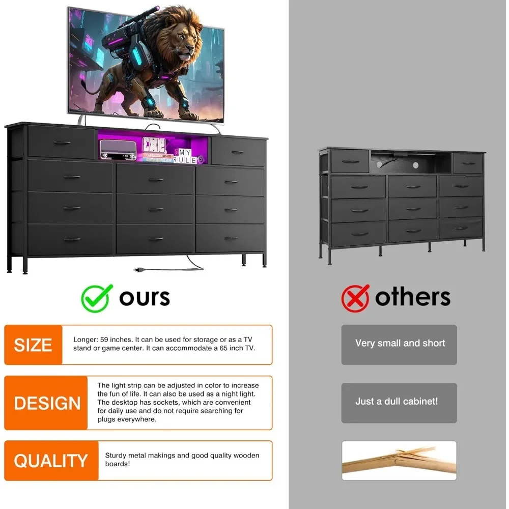 Dresser for Bedroom with Charging Station and LED Lights, Dresser TV Stand with 11 Drawers, Drawers with PU Finish for Bedroom