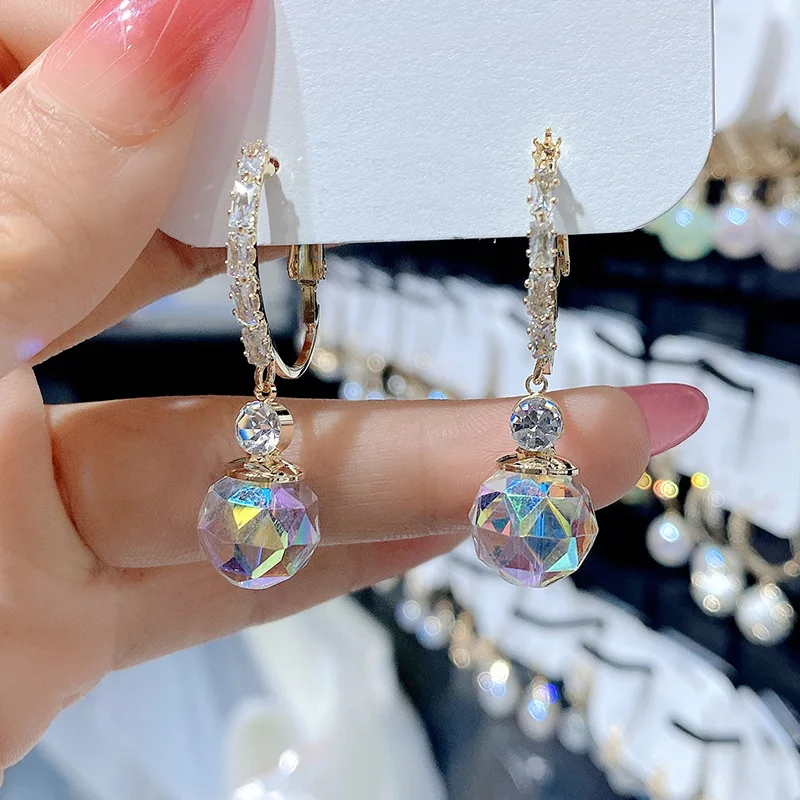 Shiny Crystal Ball Earrings For Women Korean Style Simple New Fashion Jewelry Party Accessories