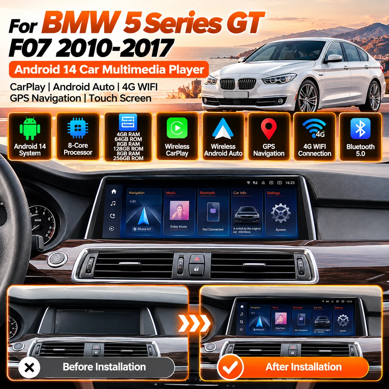 CarPlay 4G WiFi Android 14 Touch Screen Car Radio For BMW 5 Series GT F07 2010-2017 GPS Navigation Multimedia Player
