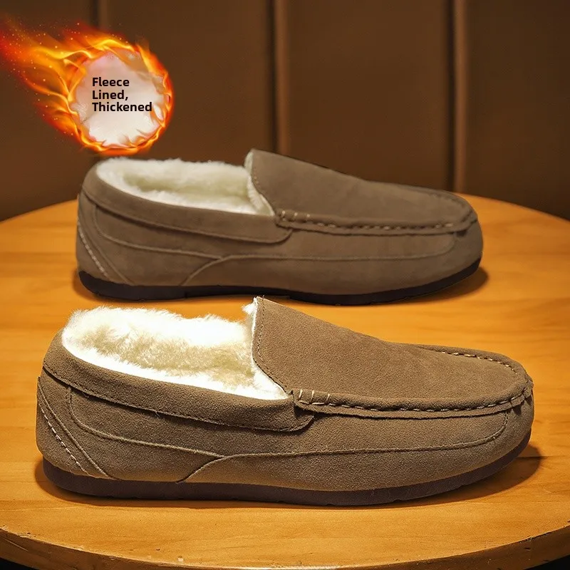 

Men's Winter Thiened Warm Cotton Slippers One-Step Lazy oes Briti Sle Casual Leather oes round Toe Color
