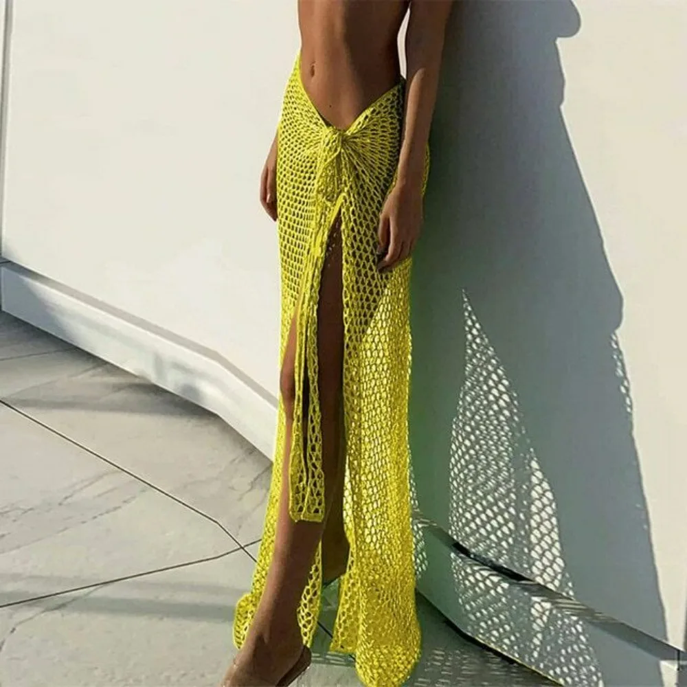 Green Knitted Beach Skirt Women Sexy Hollow Out Bikini Cover Up Skirt Summer Fashion Bandage Long Holiday Vacation Skirt 2024