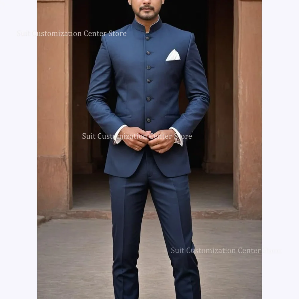 

Chic Stand-Up Collar Men's Suits Classic Single Breasted Daily Casual 2 Piece Jacket Pants Office Work Traveling Outfits