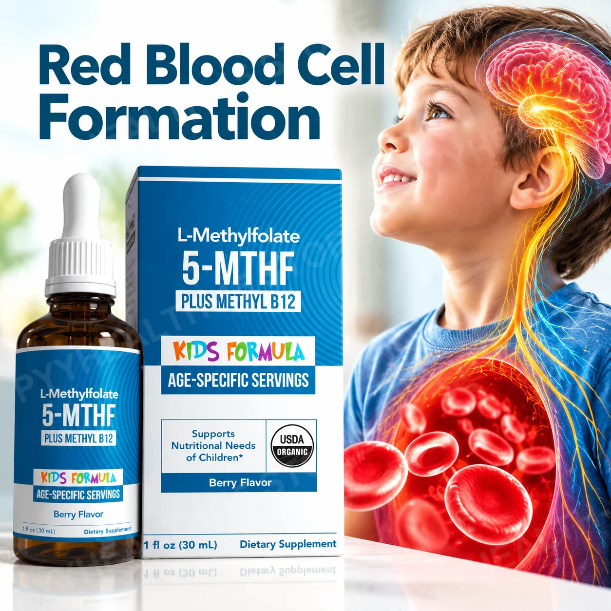 L-Methylfolate Drops for Kids Promote Red Blood Cell Formation Maintain Nerve Function with 5-MTHF Methyl B12 Berry Flavor 30ml