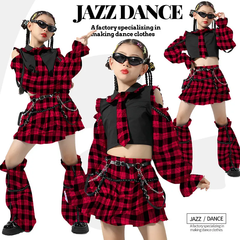 

Костюм для джазовых танцев 2026: топ с открытыми плечами и юбка в клетку, форма для чирлидинга, модный наряд для фестивалей и вечеринок, одежда в стиле K-pop DL11339