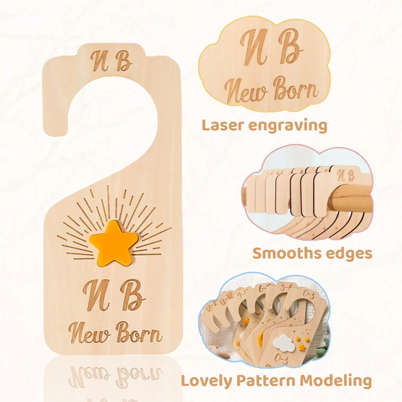 Wooden Baby Wardrobe Divider Label 7-Piece Set Newborn 24 Months Wardrobe Clothes Size Organizer Nursery Baby Hanger Dividers