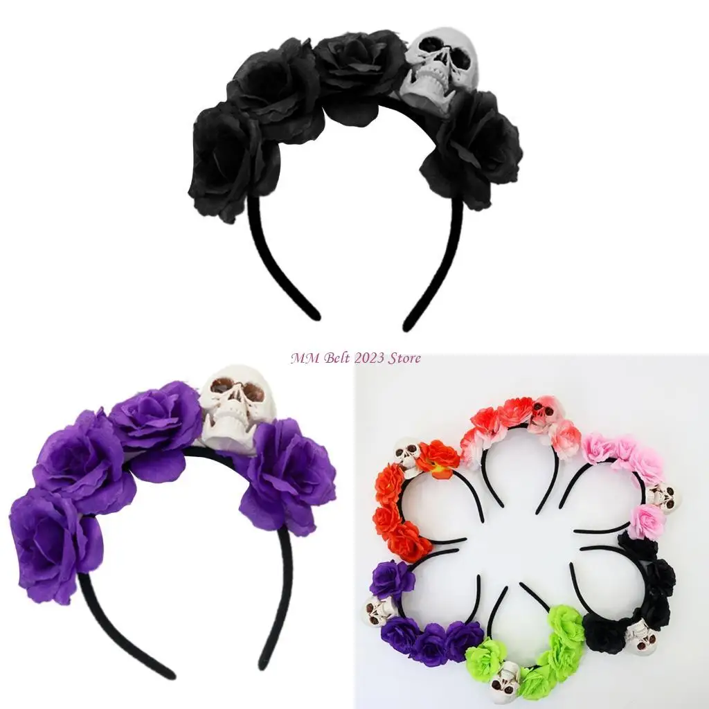 

49ME Contemporary Skull Headwear With Artificial Flower Costumes Halloween Cosplays Hair Ornament For Women Girls