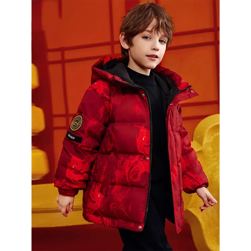 

2024 Winter Children Boys Parkas Cotton Tie-dye Infant Babys Boys Outerwear Coats Red Long Sleeve Thicken Warm Hooded Snowsuits