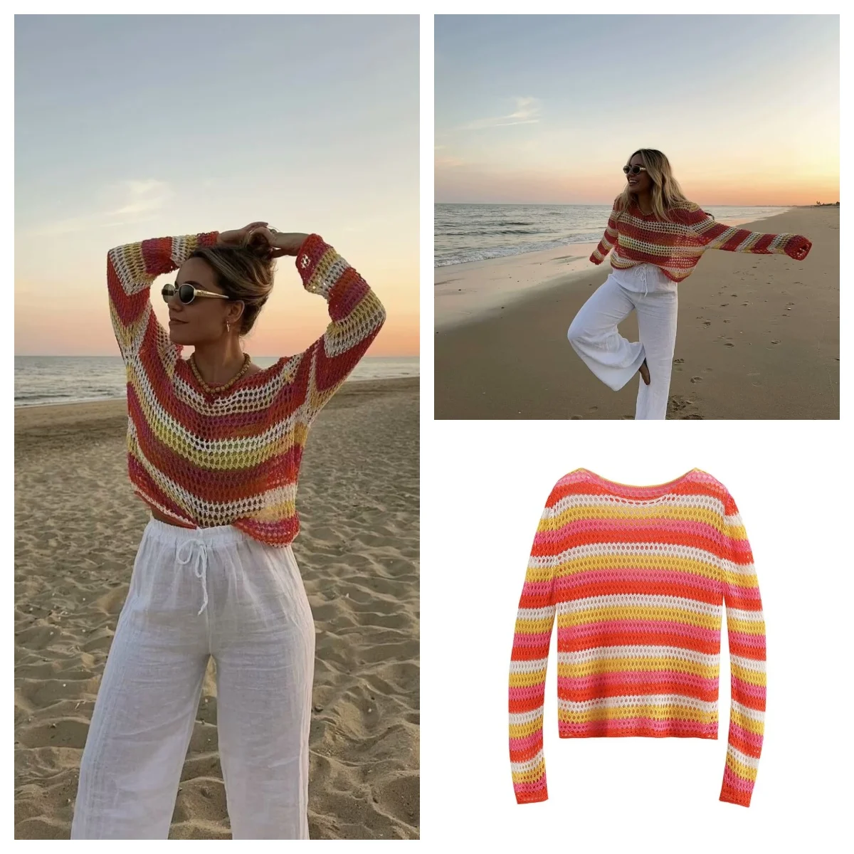 

French hollow round neck pullover sweater women's fashionable all-match stitching crochet top