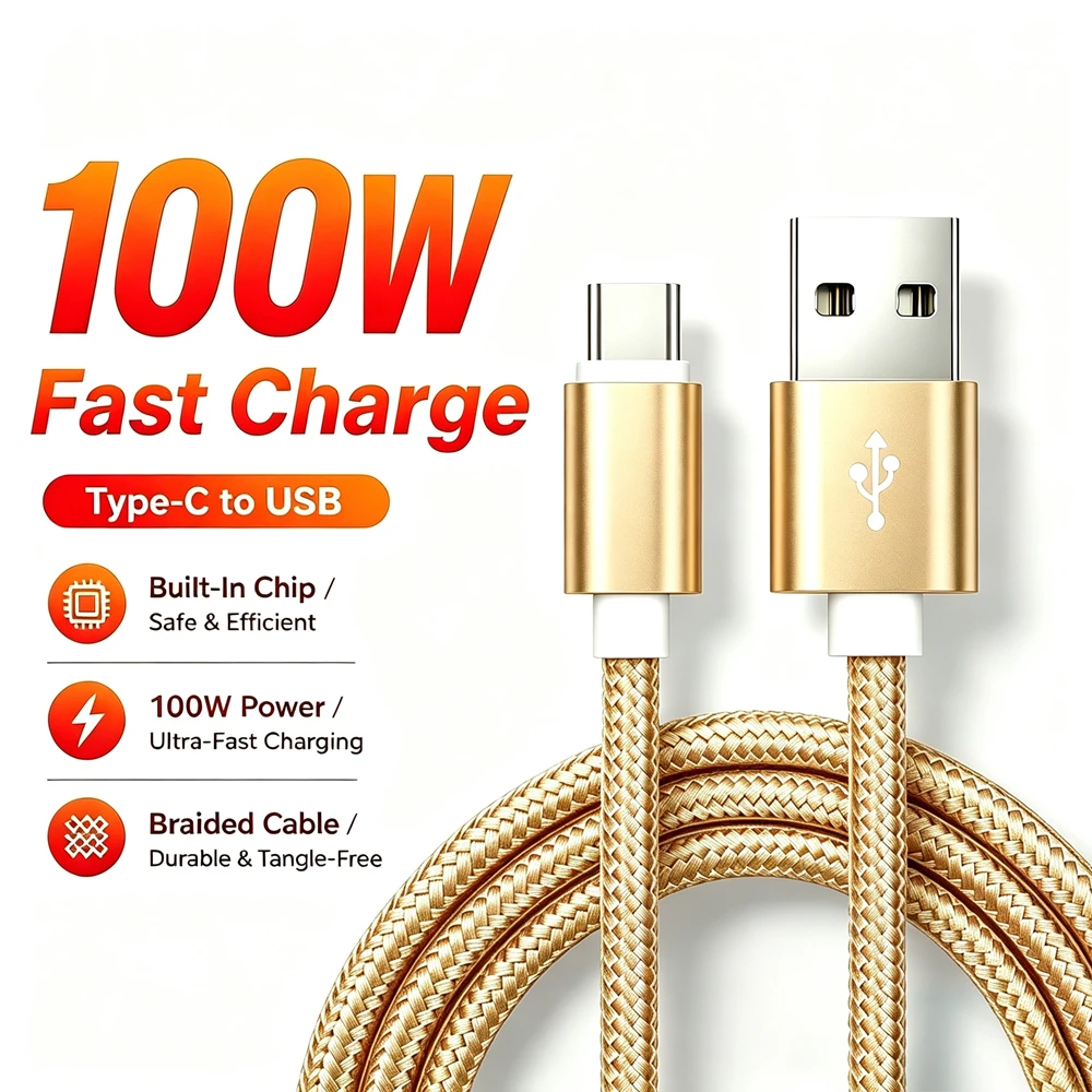 Type C USB 100W Fast Charge Braided Cable For iPhone 15 16 17 Pro Max Samsung Xiaomi Huawei OnePlus Quick Charging Data Cables