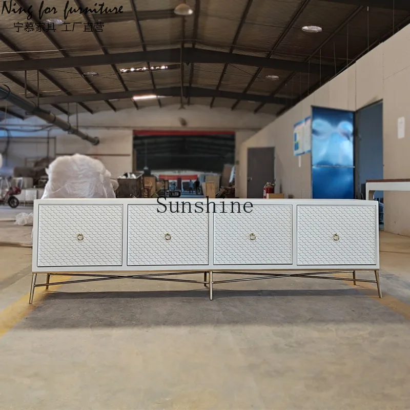 luxury solid wood TV American living room white audio-visual cabinet simple European modern small apartment high metal legs