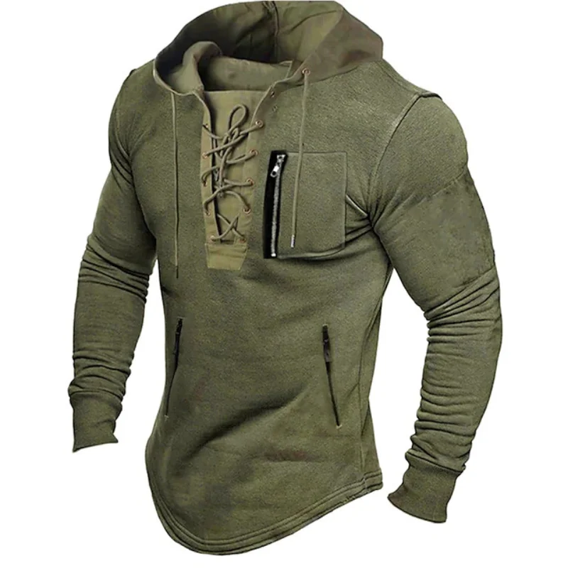 2023 Men's Spring and Autumn Hoodie Solid Color Lace-up Zip Pocket Sports Street Clothing Stamping Sweatshirt