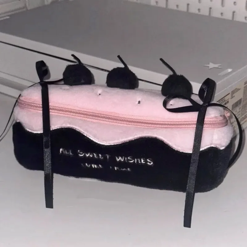 Cute Plush Cherry Cake Pencil Bag, High‑Aesthetic Large Capacity Pencil Box, Exquisite Girl‑Heart Stationery Pouch for Students
