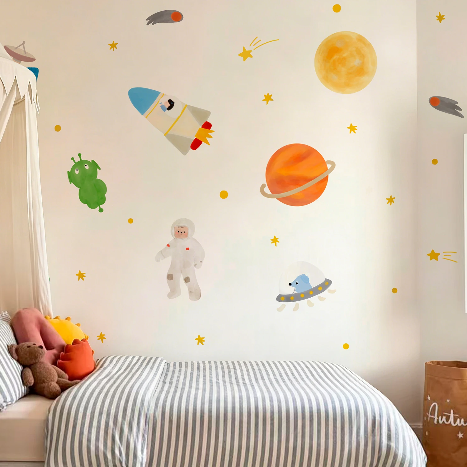 Outer Space Rocket Planets Wall Sticker Solar System Rocket Stickers for Kids Boys Bedroom Playroom Vinyl Mural Nursery Wall Dec