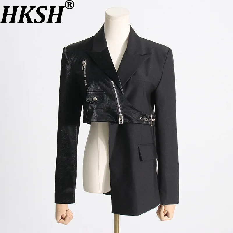 

HKSH Autumn New Women Punk Dark Techwear Blazer Niche Patchwork Asymmetric Design Waist Cinching High Street Elegant Coat HK9065