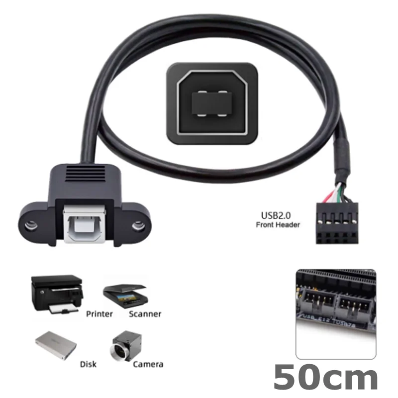 50cm USB 2.0 9pin 10pin Motherboard Header to USB Standard Type-B Female Extension Cable with Nuts for Panel Mount