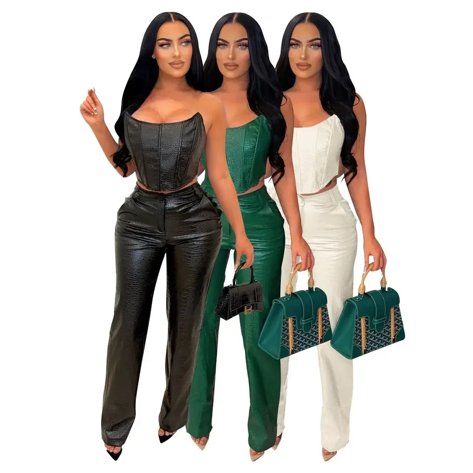 

2026 New Sexy Strapless High Waist Wide Leg Pants PU Leather Two Piece Women Clothing Multiple Colors Available