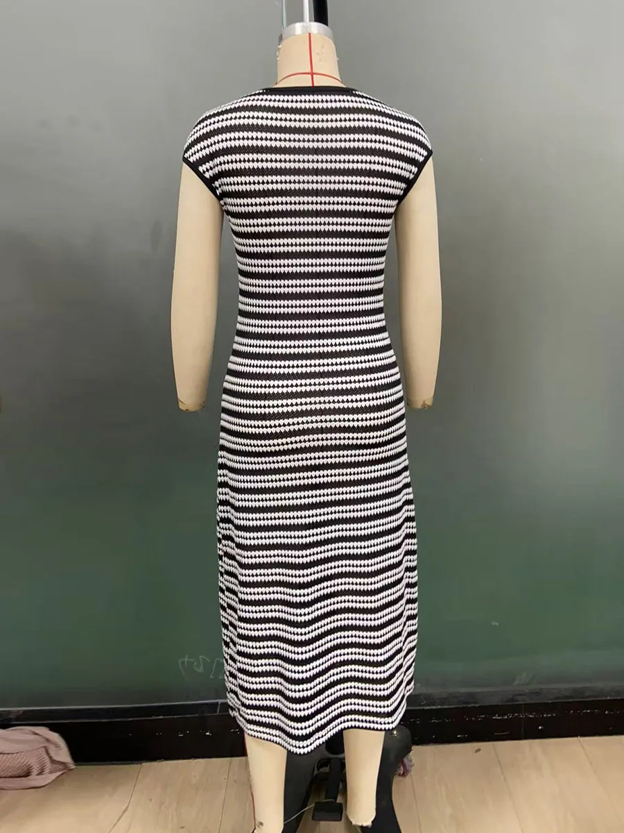 Vestido tejido de otoño e invierno para mujer, Vestido holgado a rayas con colores contrastantes, Vestido sin mangas de cintura alta con cuello en V