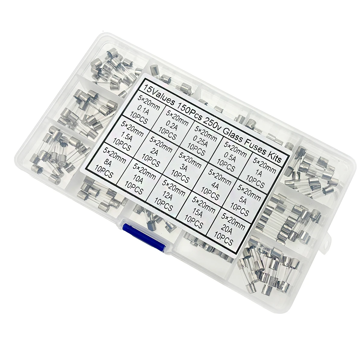 15Kinds 150pcs 5*20 Fast-blow Glass Tube Fuses Car Fuses Assorted Kit 5X20mm with Box 0.1A-20A Household Fuses