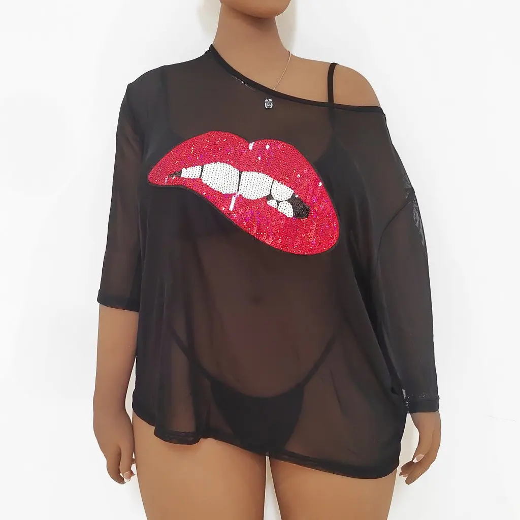 

Женская футболка с круглым вырезом в европейском и американском стиле, сексуальная прозрачная сетчатая блузка с коротким рукавом, простой дизайн губ 191014
